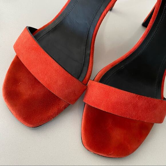 CELINE PARIS Italy Red Suede Gold Stiletto Ankle Strap High Heel Sandals 37 - Picture 11 of 14